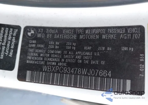 2008 BMW X3 3.0Si z USA, uszkodzony, nr VIN WBXPC93478WJ07664